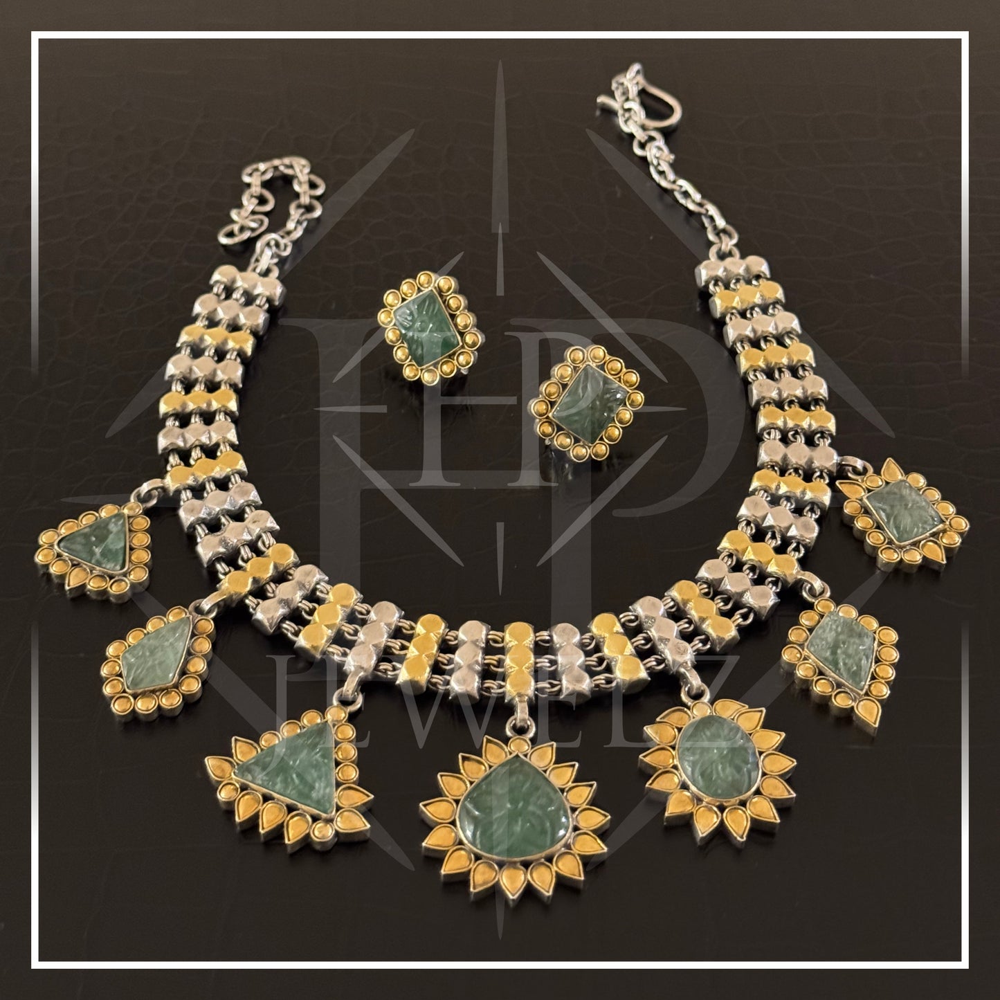 Dual-Tone Necklace with Emerald Pendants & Earrings