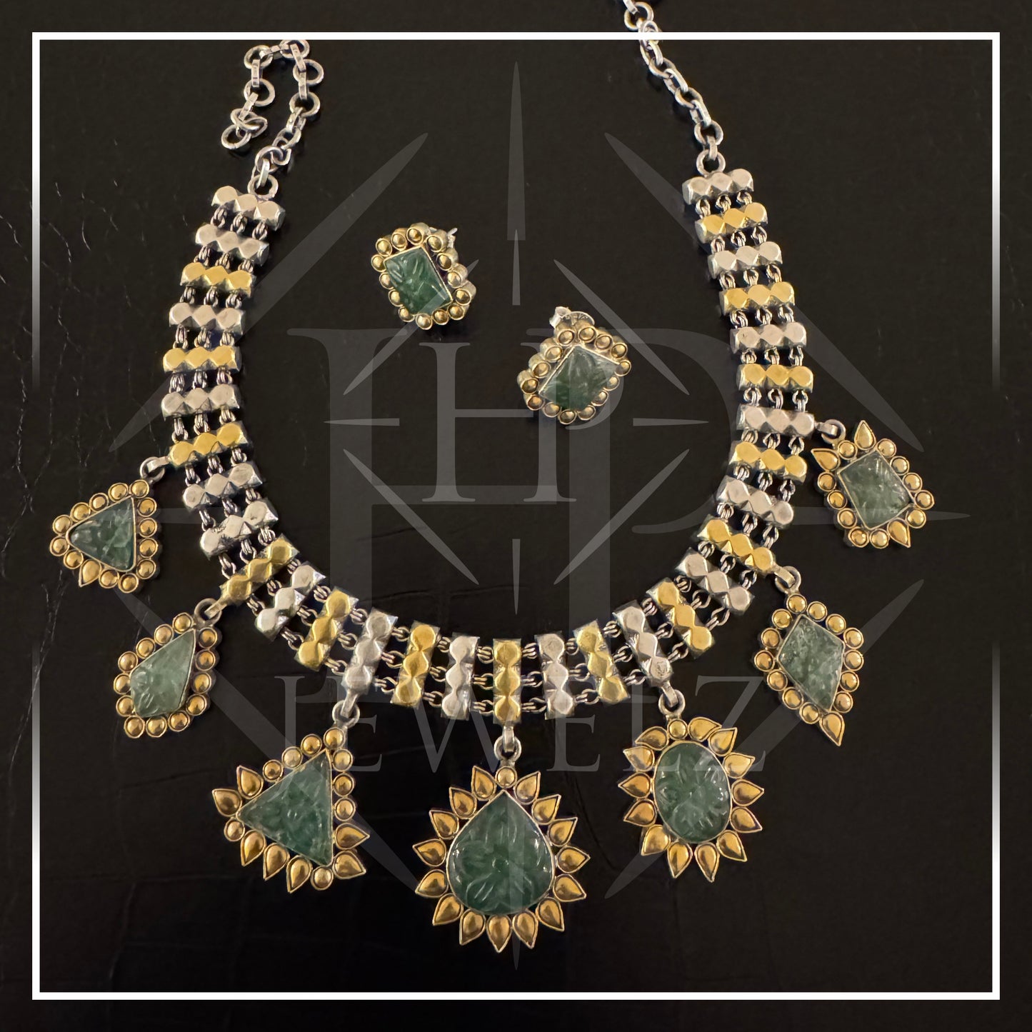Dual-Tone Necklace with Emerald Pendants & Earrings