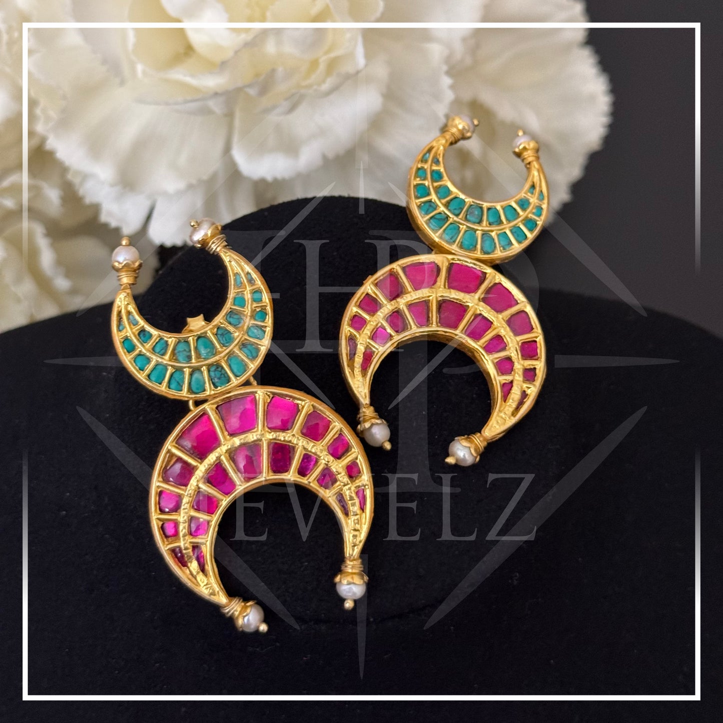 Double Crescent Gold Plated Kundan Earrings