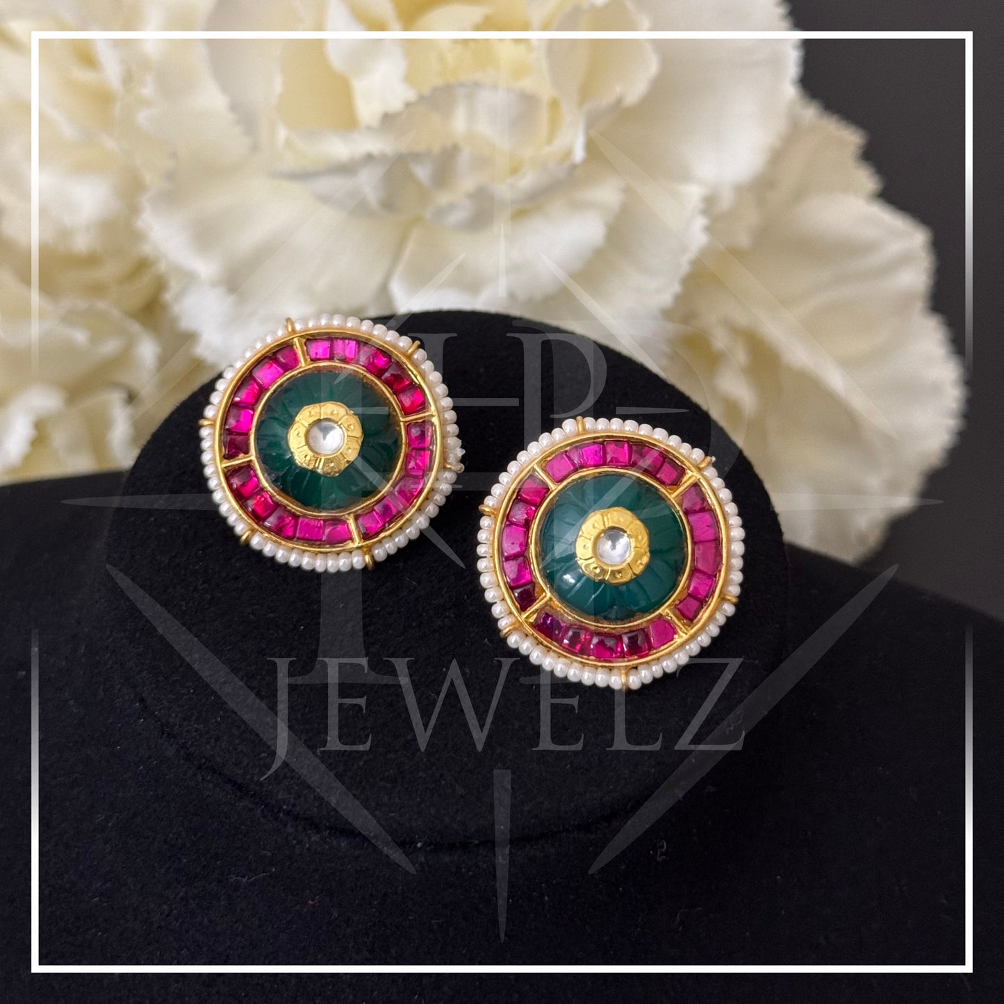 Regal Emerald Jadau Studs with Kundan & Pearl Accents
