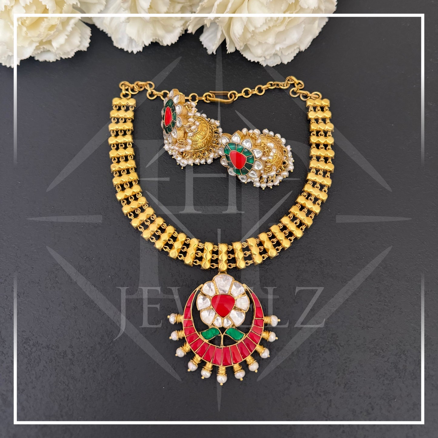 Kundan & Coral Necklace & Jhumka Set
