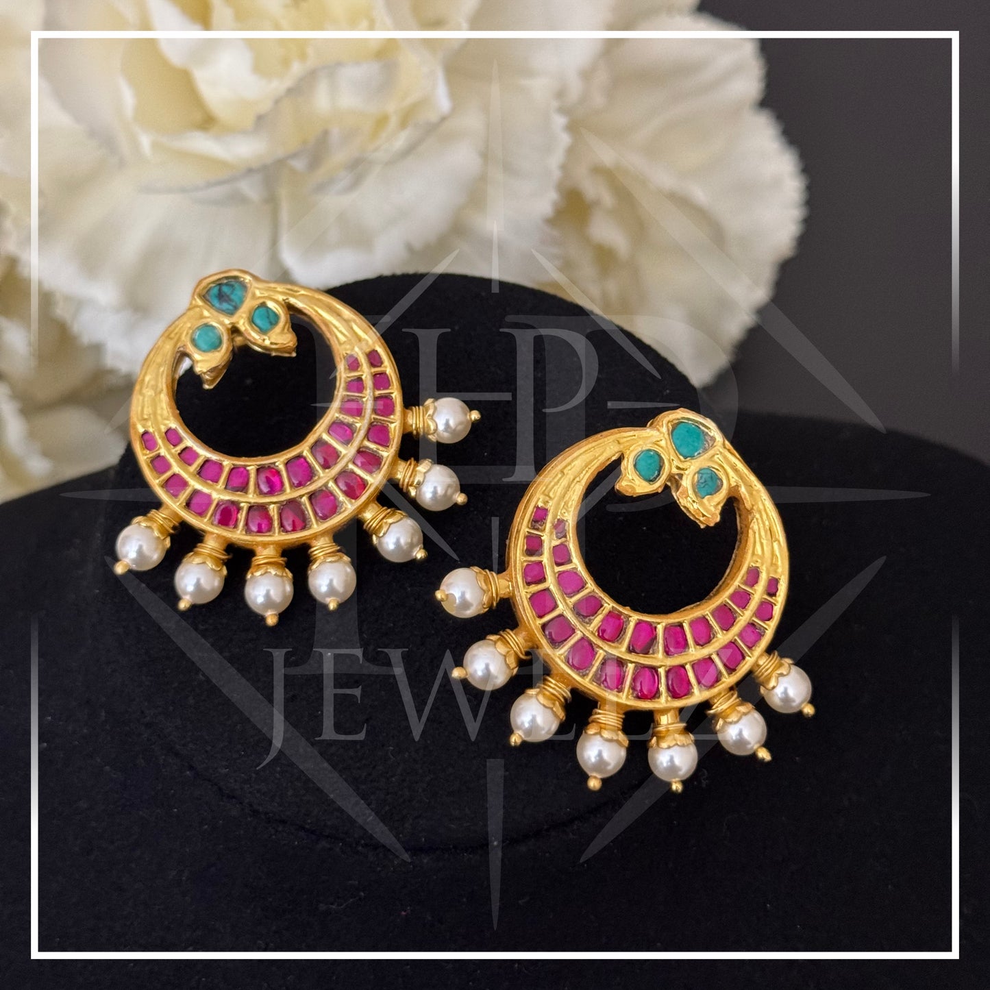 Gold Plated Crescent Kundan Earrings with Pearls