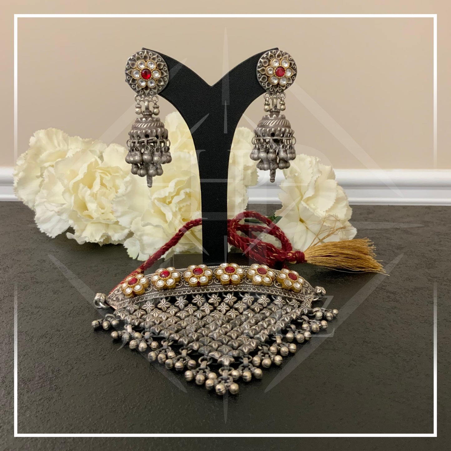 Red Kundan Flower Necklace & Earrings Set