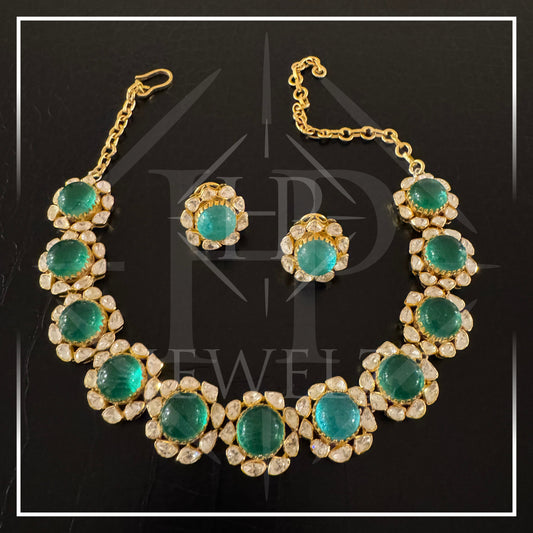 Uncut Moissanite Diamonds Set with Mint Green Stone