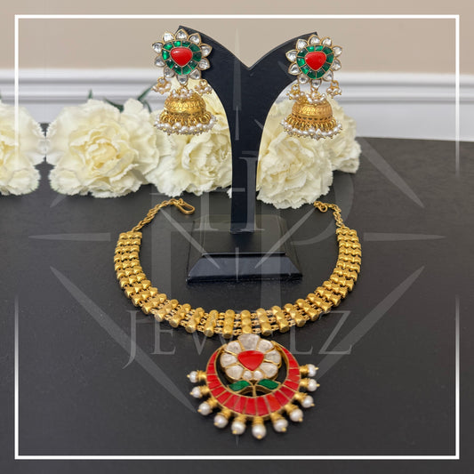 Kundan & Coral Necklace & Jhumka Set