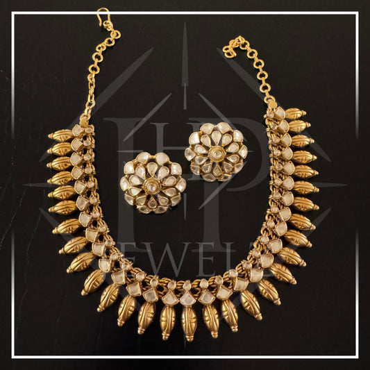 Radiant Gold-Plated Necklace & Earrings Set with Polki Stones