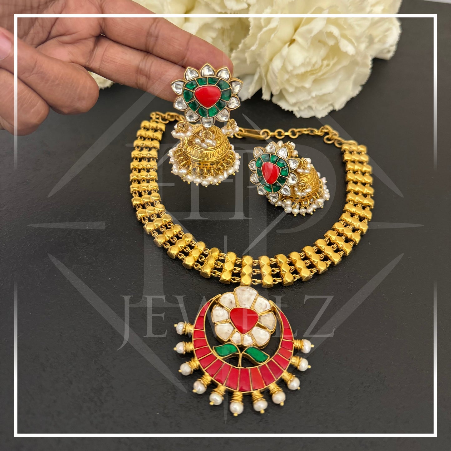 Kundan & Coral Necklace & Jhumka Set