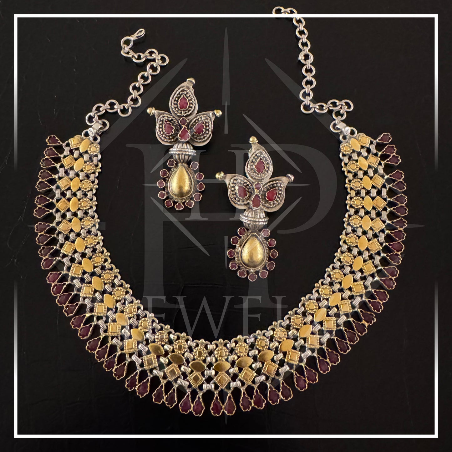 Red Kemp Dual-Tone Silver Necklace Set