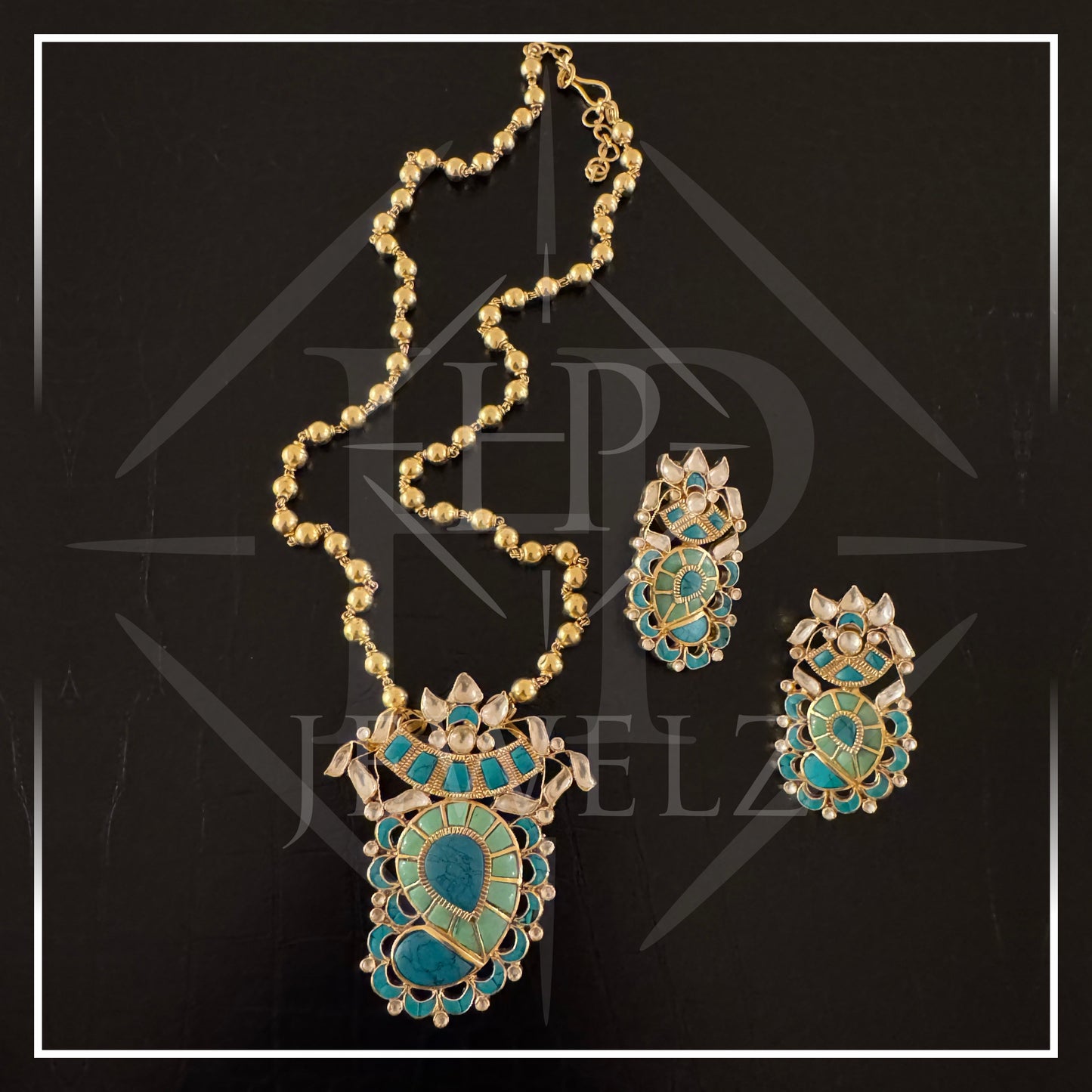 Turquoise Elegance: Gold-Plated Paisley Pendant & Earring Set